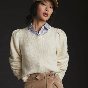 Maeve Crewneck Puff-Sleeve Sweater, Ivory, M